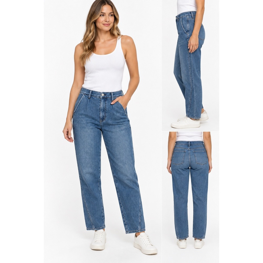 AMO Pleated Slouch Trouser Jeans Indigo Blue High Rise Tapered Size 27